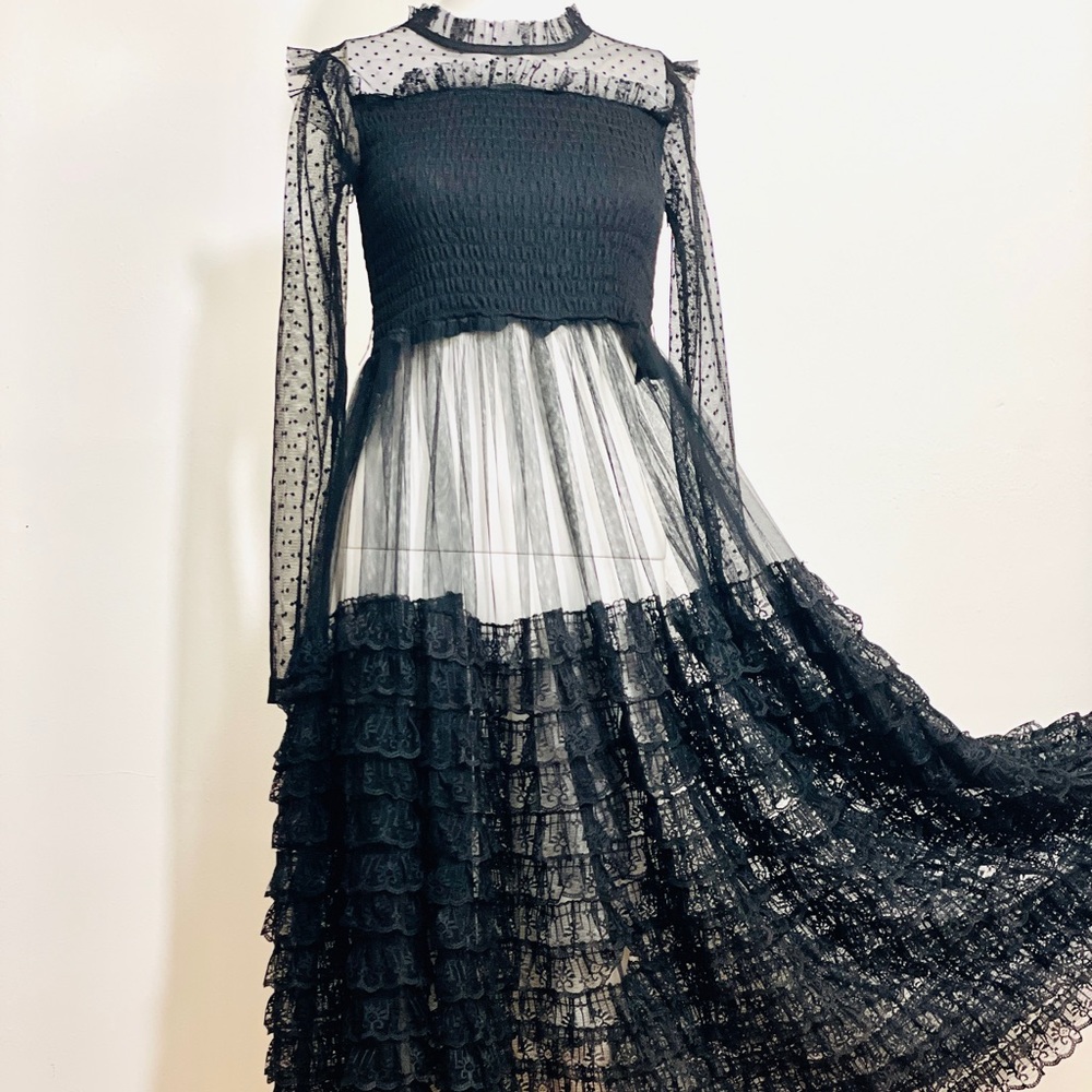 Wednesday Addams Dress | Black Sheer Lace Tiered Ruffle Dress
